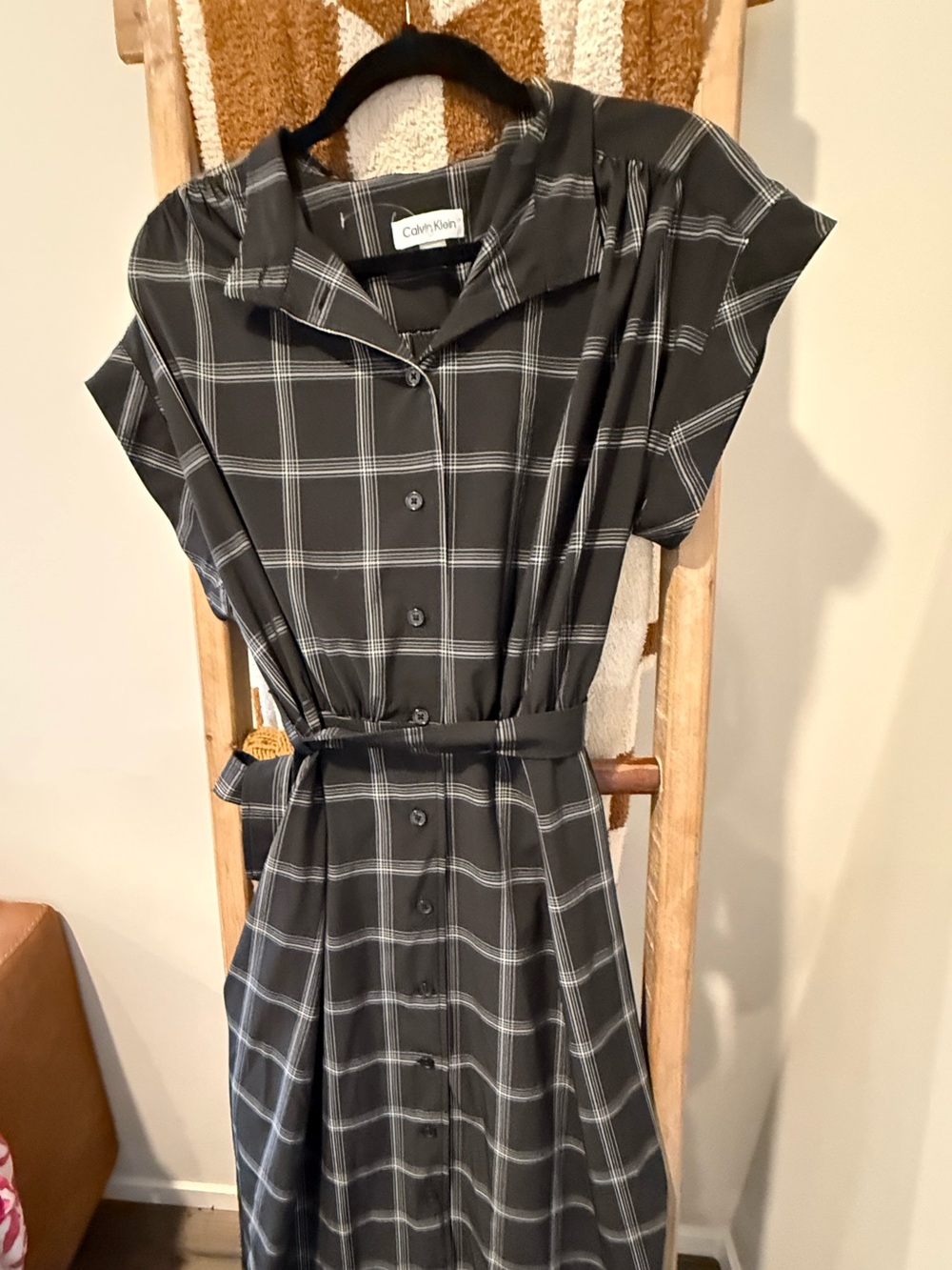 Calvin Klein Black and Gray Plaid Midi Shirt Dress